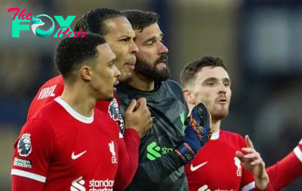 LIVERPOOL, ENGLAND - Wednesday, April 24, 2024: Liverpool's Trent Alexander-Arnold, captain Virgil van Dijk, goalkeeper Alisson Becker and Andy Robertson appeal a penalty decision during the FA Premier League match between Everton FC and Liverpool FC, the 244th Merseyside Derby, at Goodison Park. Everton won 2-0. (Photo by David Rawcliffe/Propaganda)