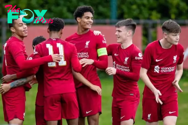 LIVERPOOL, ENGLAND - Tuesday, October 4, 2022: Liverpool's Oakley Cannonier (2nd L) celebrates scoring the opening goal with team-mates during the UEFA Youth League Group A Matchday 3 game between Liverpool FC Under-19's and Glasgow Rangers FC Under-19's at the Liverpool Academy. (Pic by Jessica Hornby/Propaganda)