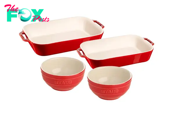 A red four-piece ceramic bake set