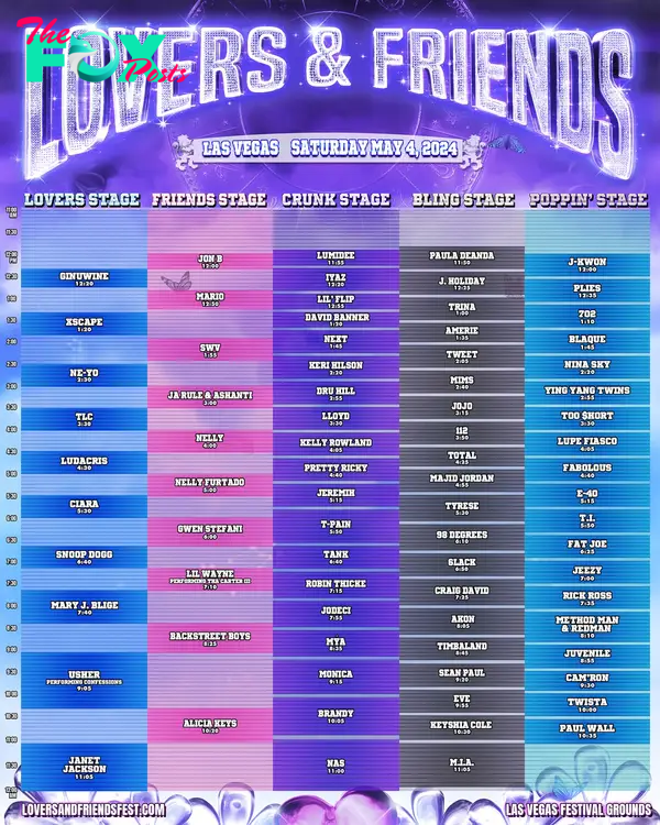 The set list for the Lovers & Friends festival.