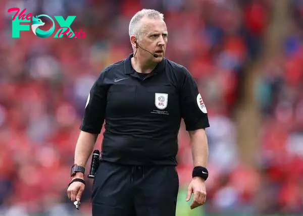 Jonathan Moss, the match referee during the Sky Bet Championship Play-Off Final match between Huddersfield Town and Nottingham Forest at Wembley St...