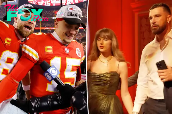 Patrick Mahomes with Travis Kelce split with Kelce and Taylor Swift.