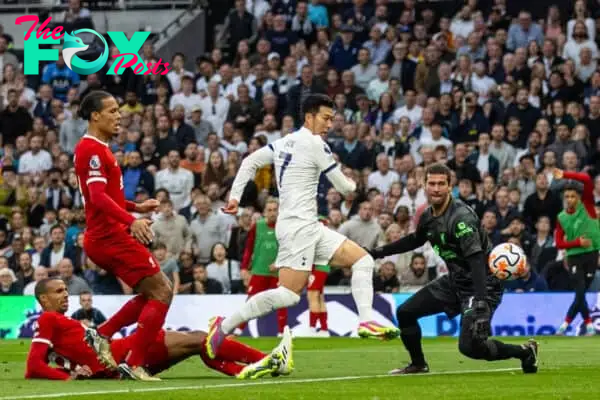 LONDON, ENGLAND - Saturday, September 30, 2023: Tottenham Hotspur's captain Son Heung-min scores the opening goal during the FA Premier League match between Tottenham Hotspur FC and Liverpool FC at the Tottenham Hotspur Stadium. (Pic by David Rawcliffe/Propaganda)