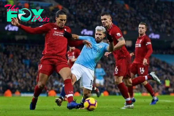 MANCHESTER, ENGLAND - Thursday, January 3, 2019: Liverpool's Virgil van Dijk (L), Dejan Lovren (R) and Manchester City's Sergio Aguero (C) during the FA Premier League match between Manchester City FC and Liverpool FC at the Etihad Stadium. (Pic by David Rawcliffe/Propaganda)