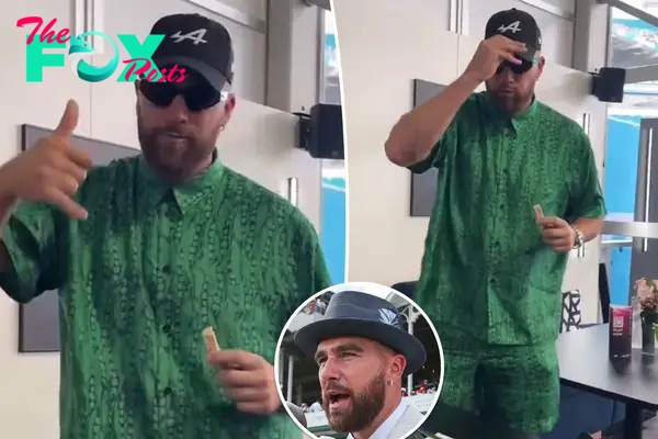 A composite image of Travis Kelce at Miami Grand Prix and at Kentucky Derby.