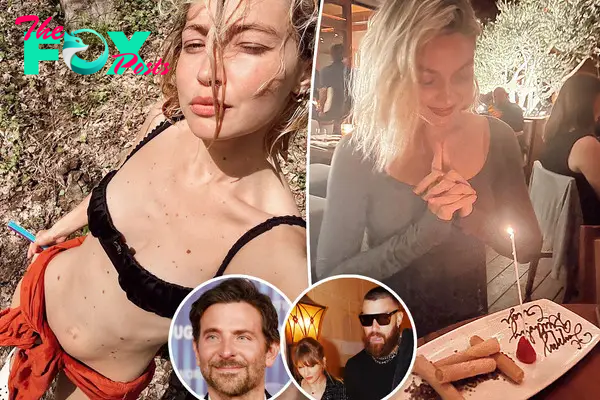 Gigi Hadid with insets of Bradley Cooper and Travis Kelce with Taylor Swift.