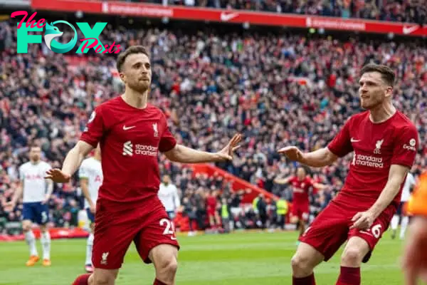LIVERPOOL, ENGLAND - Sunday, April 30, 2023: Liverpool's Diogo Jota (L) celebrates after scoring the winning fourth goal in injury time during the FA Premier League match between Liverpool FC and Tottenham Hotspur FC at Anfield. Liverpool won 4-3. (Pic by David Rawcliffe/Propaganda)
