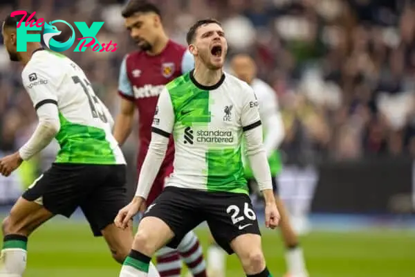 LONDON, ENGLAND - Saturday, April 27, 2024: Liverpool's Andy Robertson celebrates after scoring his side's first equalising goal during the FA Premier League match between West Ham United FC and Liverpool FC at the London Stadium. (Photo by David Rawcliffe/Propaganda)