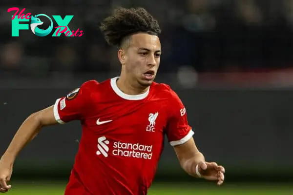 BRUSSELS, BELGIUM - Thursday, December 14, 2023: Liverpool's Kaide Gordon during the UEFA Europa League Group E match-day 6 game between Royale Union Saint-Gilloise and Liverpool FC at the Constant Vanden Stock Stadium. Union SG won 2-1. (Photo by David Rawcliffe/Propaganda)