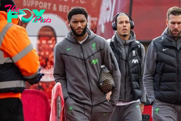 NOTTINGHAM, ENGLAND - Saturday, March 2, 2024: Liverpool's Joe Gomez, captain Virgil van Dijk and goalkeeper Adrián San Miguel del Castillo arrive before during the FA Premier League match between Nottingham Forest FC and Liverpool FC at the City Ground. Liverpool won 1-0. (Photo by David Rawcliffe/Propaganda)