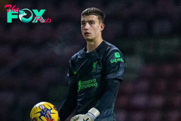 BRADFORD, ENGLAND - Tuesday, December 5, 2023: Liverpool's goalkeeper Fabian Mrozek during the English Football League Trophy Round of 32 match between Bradford City AFC and Liverpool FC Under-21's at Valley Parade. (Photo by Ed Sykes/Propaganda)