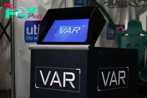 A detailed view of the VAR screen prior to the Cinch Scottish Premiership match between Hibernian FC and St. Johnstone FC at  on October 21, 2022 i...