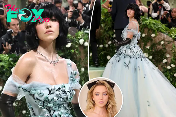 A composite image of Sydney Sweeney at the 2024 Met Gala with an inset of her at the 2023 Met Gala