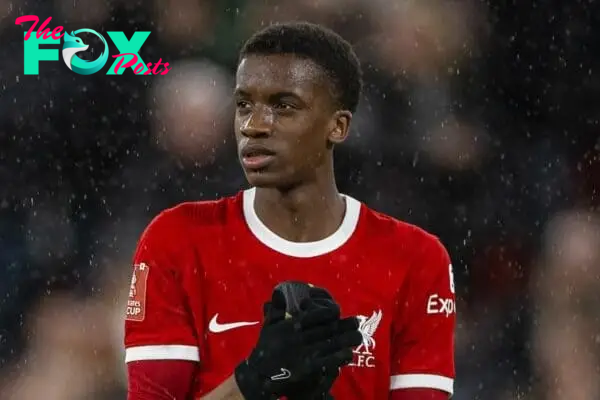 LIVERPOOL, ENGLAND - Wednesday, February 28, 2024: Liverpool's Trey Nyoni applauds the supporters after the FA Cup 5th Round match between Liverpool FC and Southampton FC at Anfield. Liverpool won 3-0. (Photo by David Rawcliffe/Propaganda)