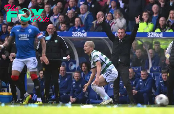 Celtic manager Brendan Rodgers reacts on the sidelines during the Cinch Scottish Premiership match between Rangers FC and Celtic FC at Ibrox Stadiu...