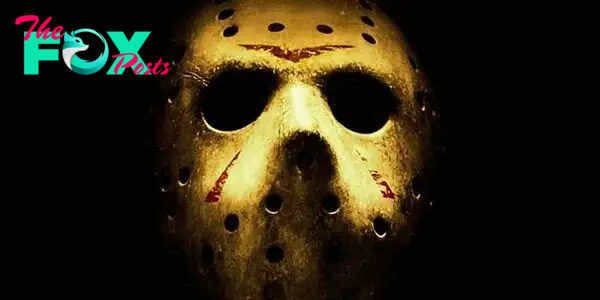 Jason Vorhees' mask in Friday the 13th with a dark black background