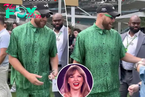 A split of Travis Kelce at the Miami Grand Prix and an inset of Taylor Swift.