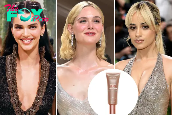 A split image of Kendall Jenner, Elle Fanning and Camilla Cabello at the Met Gala with an inset of highlighter