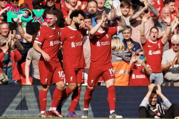 LIVERPOOL, ENGLAND - Sunday, May 5, 2024: Mohamed Salah of Liverpool celebrates a goal 0-1 before the FA Premier League match between Liverpool FC and Tottenham Hotspur FC at Anfield. (Photo by Ryan Brown/Propaganda)