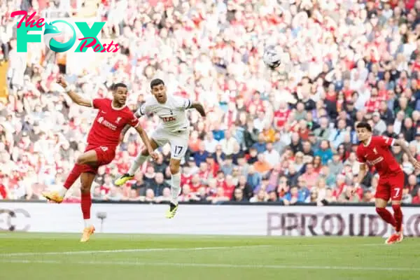 LIVERPOOL, ENGLAND - Sunday, May 5, 2024: Cody Gakpo of Liverpool scores a goal and celebrates 3-0 during the FA Premier League match between Liverpool FC and Tottenham Hotspur FC at Anfield. (Photo by Ryan Brown/Propaganda)