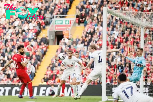 LIVERPOOL, ENGLAND - Sunday, May 5, 2024: Mohamed Salah of Liverpool shoots at goal during the FA Premier League match between Liverpool FC and Tottenham Hotspur FC at Anfield. (Photo by Ryan Brown/Propaganda)