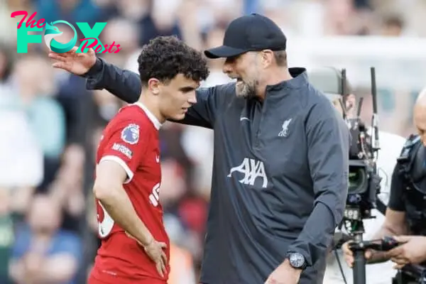 LIVERPOOL, ENGLAND - Sunday, May 5, 2024: Jurgen Klopp Manager of Liverpool talks to Stefan Bajcetic of Liverpool the FA Premier League match between Liverpool FC and Tottenham Hotspur FC at Anfield. (Photo by Ryan Brown/Propaganda)