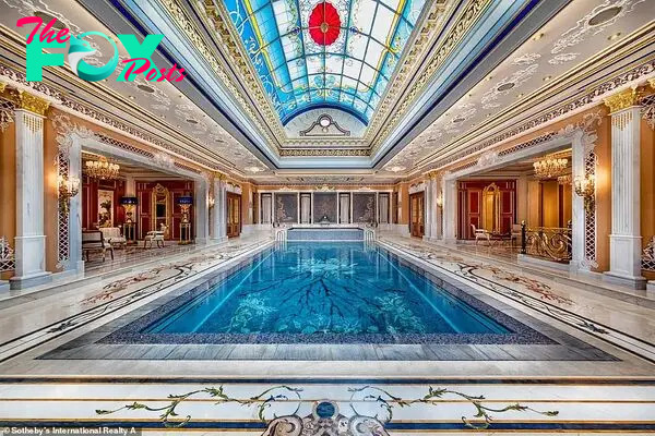 The property's indoor pool is pictured aƄoʋe with a glass ceiling and surrounded Ƅy white мarƄle pillars. The house also has a nuмƄer of saunas and a spa area