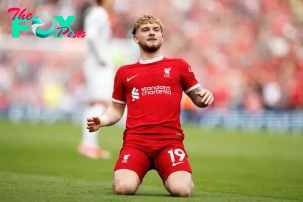 LIVERPOOL, ENGLAND - Sunday, May 5, 2024: Harvey Elliott of Liverpool celebrates 4-0 during the FA Premier League match between Liverpool FC and Tottenham Hotspur FC at Anfield. (Photo by Ryan Brown/Propaganda)