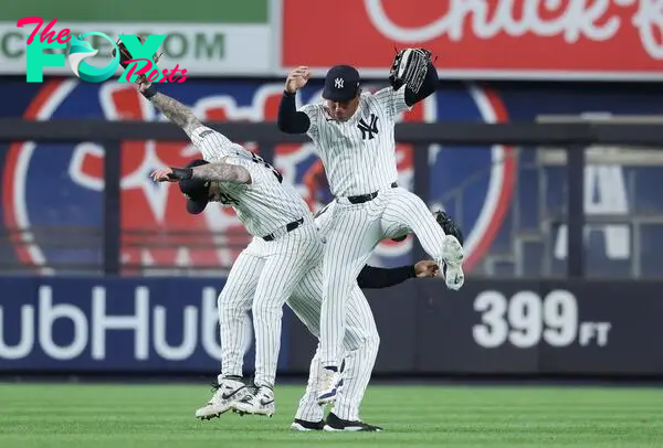 NEW YORK, NEW YORK - MAY 07: Alex Verdugo #24, Trent Grisham #12 and Jahmai Jones #14 of the New York Yankees celebrate a10-2 win against the Houston Astros during their game at Yankee Stadium on May 07, 2024 in New York City.   Al Bello/Getty Images/AFP (Photo by AL BELLO / GETTY IMAGES NORTH AMERICA / Getty Images via AFP)