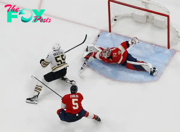 Justin Brazeau #55 of the Boston Bruins scores a goal past Goaltender Sergei Bobrovsky #72 of the Florida Panthers during third-period action in Game One of the Second Round of the 2024 Stanley Cup Playoffs at the American Bank Arena on May 6, 2024, in Sunrise, Florida.