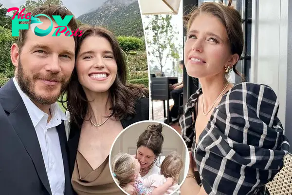 Katherine Schwarzenegger and Chris Pratt, as well as an inset of their daughters
