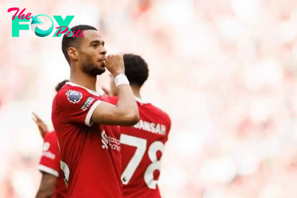 LIVERPOOL, ENGLAND - Sunday, May 5, 2024: Cody Gakpo of Liverpool scores a goal and celebrates 3-0 during the FA Premier League match between Liverpool FC and Tottenham Hotspur FC at Anfield. (Photo by Ryan Brown/Propaganda)