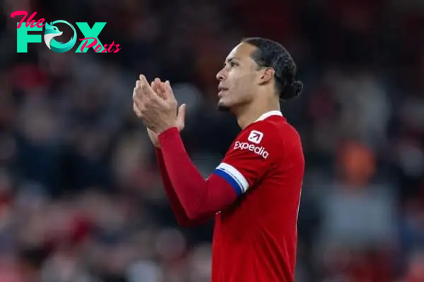 LIVERPOOL, ENGLAND - Wednesday, January 10, 2024: Liverpool's captain Virgil van Dijk applauds the supporters after the Football League Cup Semi-Final 1st Leg match between Liverpool FC and Fulham FC at Anfield. Liverpool won 2-1. (Photo by David Rawcliffe/Propaganda)