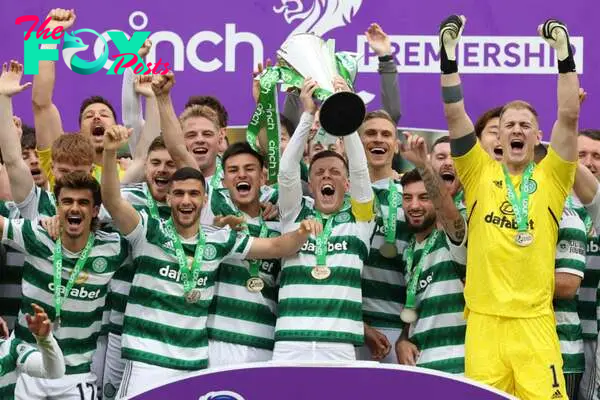 Callum McGregor of Celtic lifts the SPL trophy during the Cinch Scottish Premiership match between Celtic and Aberdeen at Celtic Park Stadium on Ma...