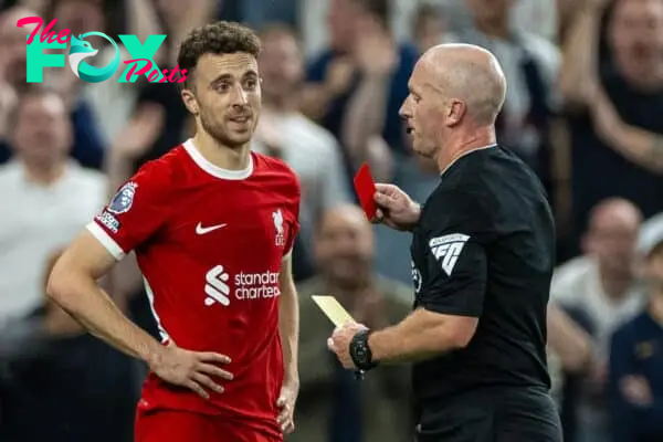 LONDON, ENGLAND - Saturday, September 30, 2023: Liverpool's Diogo Jota is shown a red card and sent off by referee Simon Hooper during the FA Premier League match between Tottenham Hotspur FC and Liverpool FC at the Tottenham Hotspur Stadium. (Pic by David Rawcliffe/Propaganda)