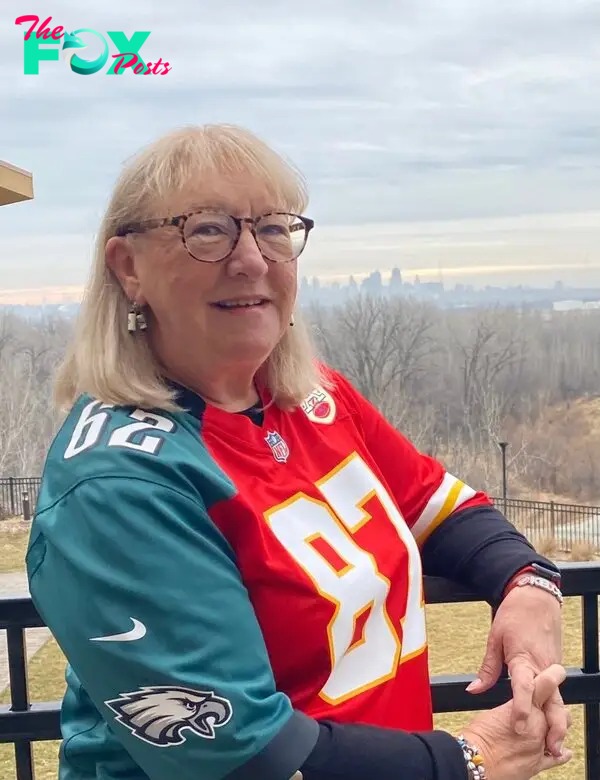 Donna Kelce in a Chiefs jersey. 