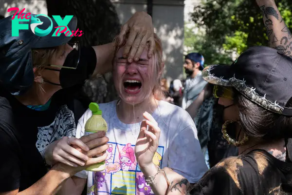 People pour liquid on someone's face to help relieve the pain of getting pepper-sprayed on UT Austin's campus on April 29.