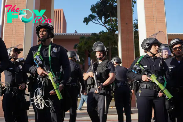 LAPD officers stand guard at the pro-Palestine protest at the University of Southern California on April 24.
