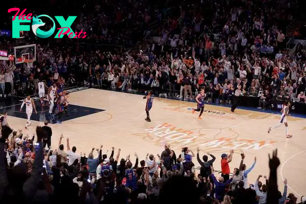 Apr 30, 2024; New York, New York, USA; New York Knicks guard Jalen Brunson (11) celebrates his three point shot against the Philadelphia 76ers during the third quarter of game 5 of the first round of the 2024 NBA playoffs at Madison Square Garden. Mandatory Credit: Brad Penner-USA TODAY Sports