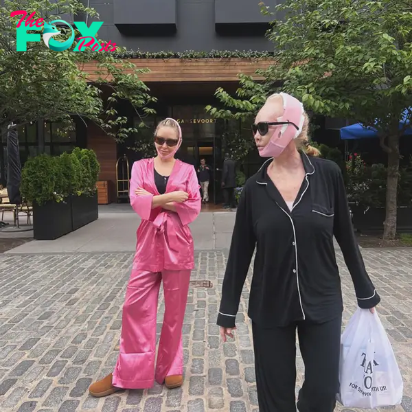 jenny mollen and her mother exiting a hotel in pajamas