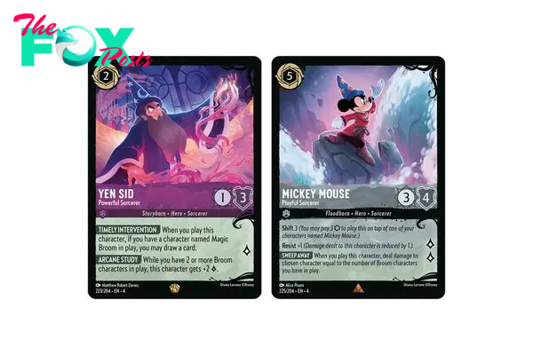 Yen Sid, Powerful Sorcerer and Mickey Mouse, Playful Sorcerer cards from Illumineer’s Quest: Deep Trouble include unique powers, like Timely Intervention, which allows you to draw a card if you have a Magic Broom in play.