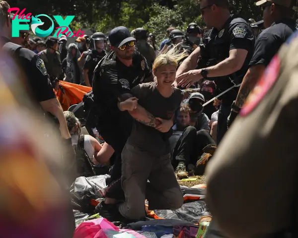 A protester is arrested after police break up an encampment on the University of Texas campus on April 29.