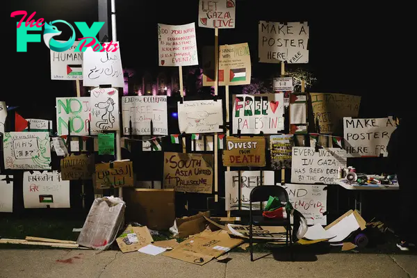 Demonstrators covered the fence between Deering Meadow and Sheridan Road with signs and banners declaring “Free Palestine,” “Divest From Death,” and other messages.