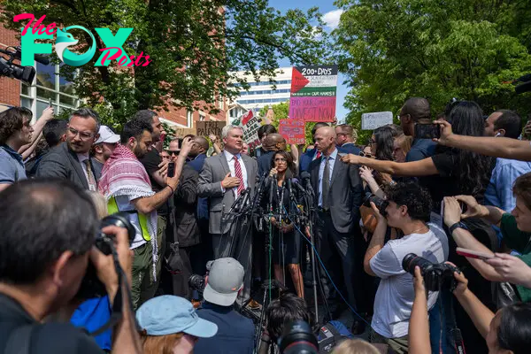 Republican Members of the House Oversight Committee give a press conference after their visit to the University Yard encampment at George Washington University on May 1. Republican members, including chairman James Comer (R-Ky.), Rep. Lauren Boebert (R Colo.), Rep. Anna Paulina Luna (R-Fla.), Rep. Byron Donalds (R-Fla.), and Rep. Eric Burlison (R Mo.), were met with demonstrators chanting and yelling.