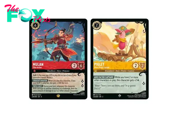 Mulan, Elite Archer and Piglet, Pooh Pirate Captain cards from Illumineer’s Quest: Deep Trouble include unique powers like Straight Shooter, which allows you to add three to Mulan’s attack value if you shifted here on top of another Mulan card.