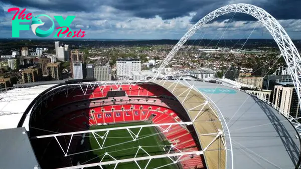 Soccer Football - A drone view shows Wembley Stadium in London, Britain, April 29, 2024. REUTERS/Carl Recine