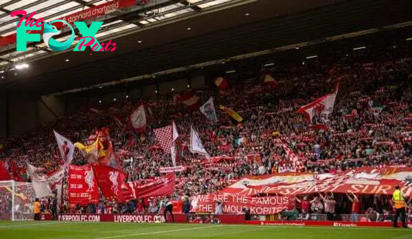 LIVERPOOL, ENGLAND - Sunday, May 5, 2024: Liverpool supporters on the Spion Kop before the FA Premier League match between Liverpool FC and Tottenham Hotspur FC at Anfield. (Photo by David Rawcliffe/Propaganda)