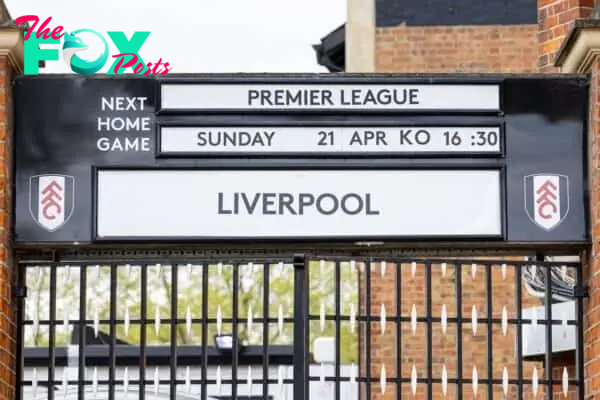 LONDON, ENGLAND - Sunday, April 21, 2024: Fulham's game against Liverpool is advertised above the gates before the FA Premier League match between Fulham FC and Liverpool FC at Craven Cottage. (Photo by David Rawcliffe/Propaganda)