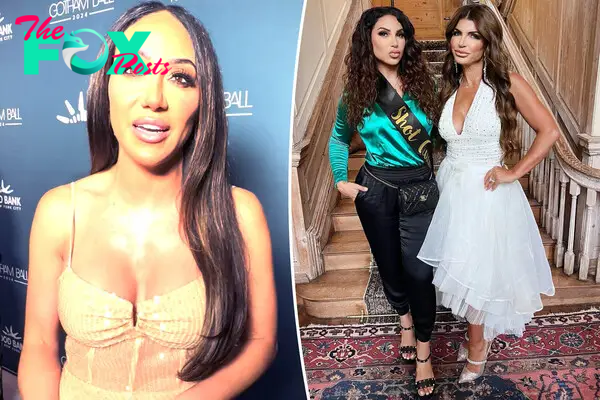 A split photo of Melissa Gorga talking and Jennifer Aydin and Teresa Giudice posing together