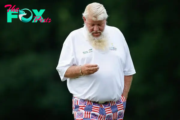 THE WOODLANDS, TEXAS - MAY 4: John Daly of the United States looks down at his ball on the 10th hole during the first round of the Insperity Invitational at The Woodlands Golf Club